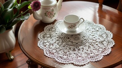 A delicate lace doily, its intricate patterns arranged in a symphony of elegance and refinement, gracing a well-appointed tea table.