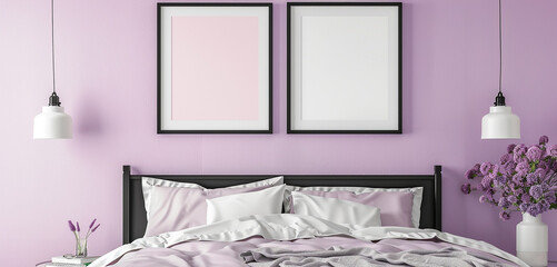 A classic black frame mockup on a soft lavender backdrop, creating a soothing and elegant setting...