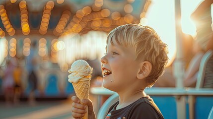 The child’s emotions express sincere happiness and pleasure while eating ice cream and riding on an attraction. Candid moments of laughter, smiles and excitement.