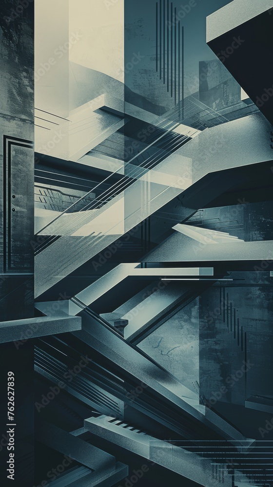 Aufkleber A black and white composition showcasing abstract architectural elements with sharp angles and geometric shapes. The image captures the interplay of light and shadow, creating a visually striking and 