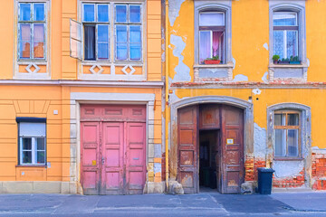 Colorful facade of an old historical residential building in the Hungarian city of Sopron