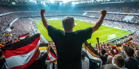 A fan at a world competition event raises his arms in the air, enjoying the fun and energy of the crowded stadium. AIG41