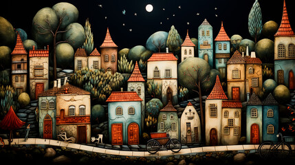 Fantasy landscape with old houses in the city at night. Naive art style storybook illustration.