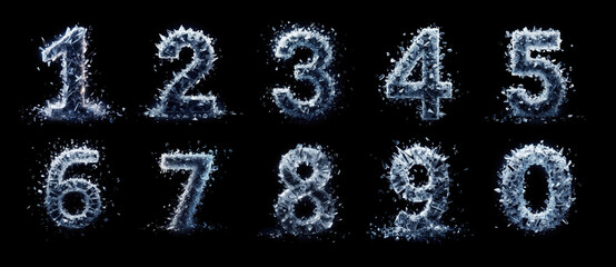 Creative NUMBERS set forming the numbers 1 2 3 4 5 6 7 8 9 and 0. Black background. 3D shattered glass. Broken crystal. Fragmented diamond. Shattering ice. Gemstone crushed into pieces.