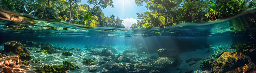 Enchanted river, crystal waters, murmuring secrets, a living entity in an ecosystem of its own Lush rainforest setting where the river weaves through natures embrace - obrazy, fototapety, plakaty