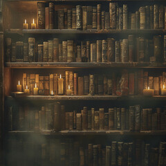 Enigmatic cipher, dusty bookshelf, secret codes, in a candlelit library, foggy night - obrazy, fototapety, plakaty