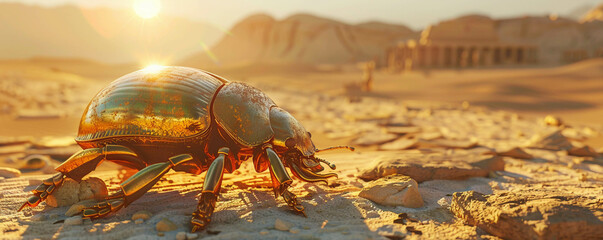 Golden Scarab, Shimmering with gold, Symbol of immortality and resurrection, Resting on ancient Egyptian ruins in a desert landscape - obrazy, fototapety, plakaty