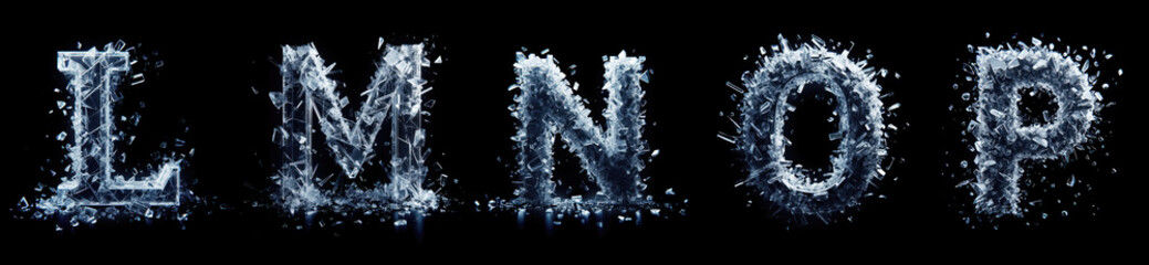 Creative alphabet set forming the letters L M N O P. Black background. 3D shattered glass. Broken crystal. Fragmented diamond. Shattering ice. Gemstone crushed into pieces. Unique type and symbol