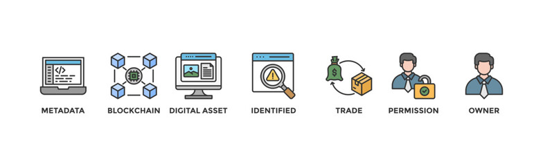 Nft banner web icon vector illustration concept with icon of metadata, blockchain, digital asset, identified, trade	