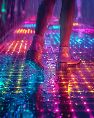 In the nightclub's vibrant atmosphere, the Kinetic Energy Dance Floor illuminates with glowing tiles, syncing with each step despite the rainy weather.