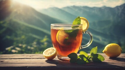 Cup of tea with lemon and fresh mint outdoor in the mountains - obrazy, fototapety, plakaty