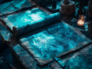 Magic, ancient scrolls, enchanted amulets, hidden within a mystical dragons lair, bathed in moonlight