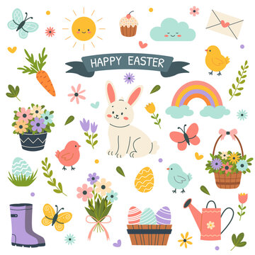 Spring easter set with rabbit, sun, flowers, chickens. Vector illustration.