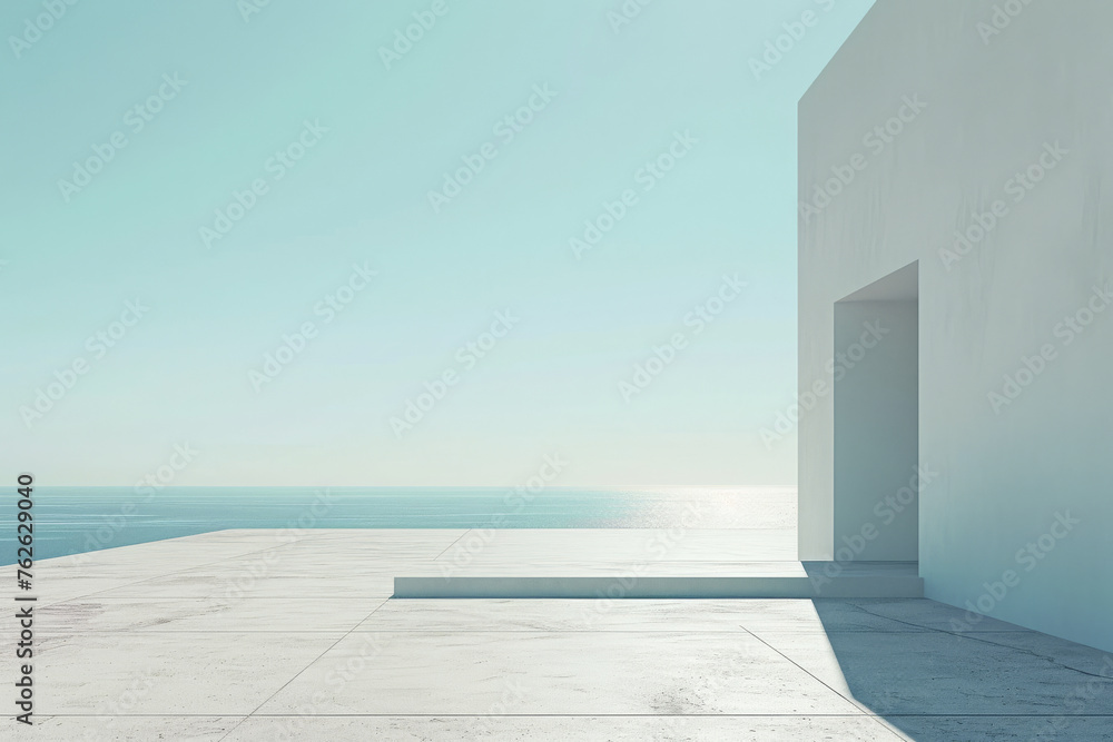 Poster serene architecture by the sea with clear sky. 3d render for design and print. tranquility and minim