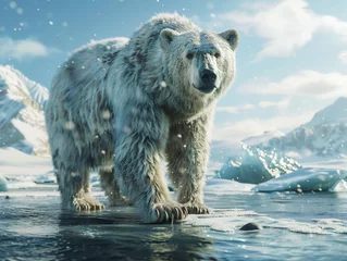 Fototapeten Polar Bear, Frost-covered Fur, Majestic and Powerful, Roaming the vast polar landscape with glaciers in the background, Clear skies © Pornarun