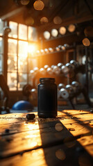 Protein powder, the essential workout companion, standing in a gym next to weights and exercise equipment - obrazy, fototapety, plakaty