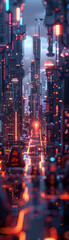 Fototapeta premium Robotic Drone, Data Chips, sleek futuristic cityscape, neon lights reflecting off polished surfaces, data exchange hub, digital transactions in progress, bustling sky traffic above