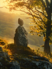 Sculpture, Stones, Ancient feel, A stone sculpture emerging from the earth in a mystical landscape, surrounded by rolling hills and ancient trees