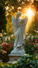 A serene guardian in a lush garden, the Sculpted Angel stands gracefully amidst blooming flowers, carved from marble.