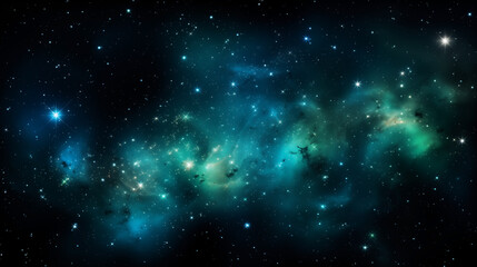 Fototapeta na wymiar Cosmic tapestry of turquoise nebulae background with twinkling stars