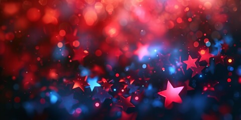 Abstract background with bokeh defocused red and blue stars. 4th of July concept. American flag colors.