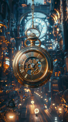 Time Traveler, pocket watch, explores temporal paradoxes within a futuristic city Three-dimensional render with Rembrandt lighting and a touch of Lens Flare