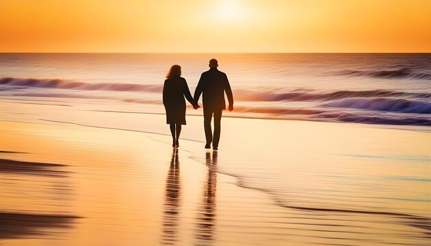 A silhouette of a man and woman walking hand in hand on a beach at sunset