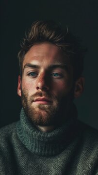 Intense Portrait of a Young Man With Beard in a Dark Room, Focused Look