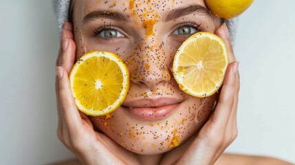 A woman applying lemon slices on her face as a natural exfoliating treatment. The fruit acids in...