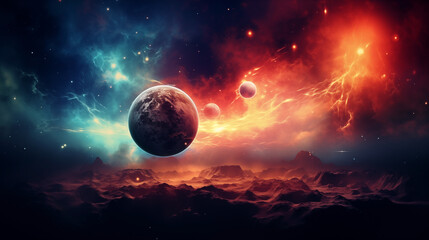 Obraz na płótnie Canvas Dynamic space background with planets against a fiery nebula and starry sky