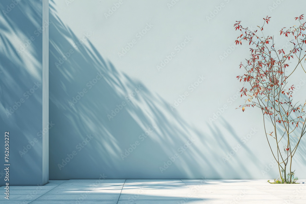 Poster young tree casting shadows on a minimalist wall. 3d render for design and print. growth and nature c