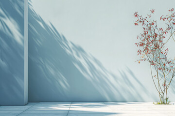 Young tree casting shadows on a minimalist wall. 3D render for design and print. Growth and nature concept with copy space. Studio shot for wallpaper, poster