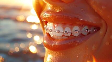 Braces accentuate a bright smile in a close-up shot, highlighting orthodontic treatment and dental - obrazy, fototapety, plakaty