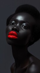 Elegant Portrait of a Woman With Striking Red Lips and Dark Skin Tone Against a Grey Background