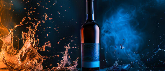 A bottle of wine is shown in a splash of water, with the bottle's label visible - obrazy, fototapety, plakaty