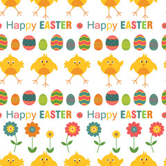 Easter seamless pattern with chicken, eggs, text.