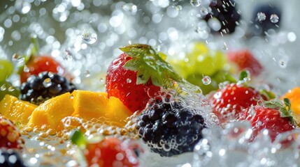Dive into the vibrant world of freshness as an array of colorful fruits splash into the water, capturing the essence of summer's vitality - obrazy, fototapety, plakaty