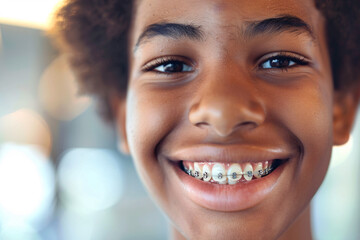smiling teenage african boy with braces, close up portrait of black teen, orthodontic treatment, blurred background
