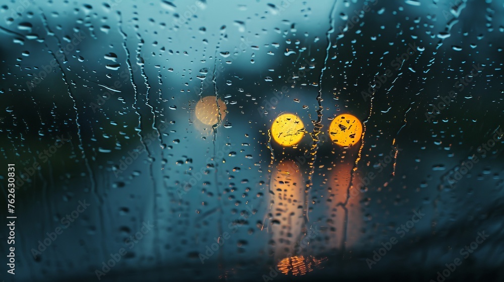 Aufkleber rain drops are visible on a window, with street lights glowing in the background, creating a moody u