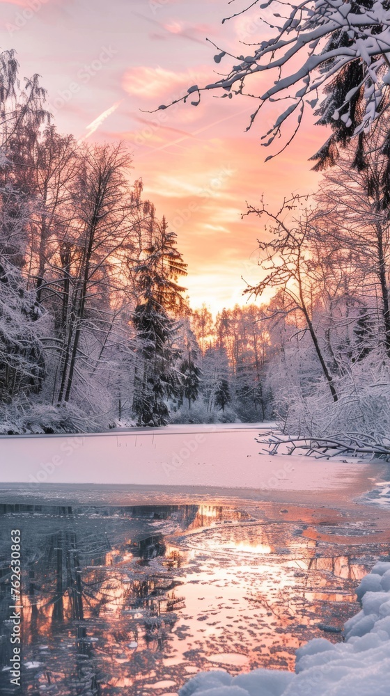 Aufkleber a snowy landscape with a river and a tree in the background. the sky is pink and orange, creating a 