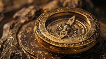 Fototapeta na wymiar A gleaming brass compass, its intricate dial pointing towards the north, symbolizing the timeless pursuit of exploration and discovery.