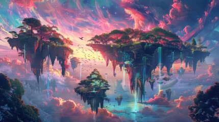 Floating islands with waterfalls and trees in a surreal sky. Fantasy landscape digital art with vibrant colors for poster and wallpaper design