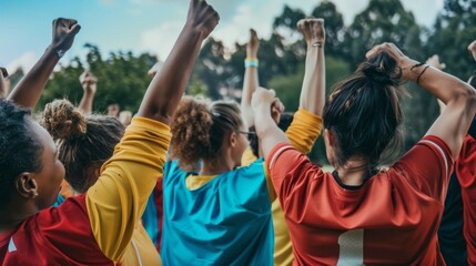 A group of women are standing next to each other, portraying unity, friendship, and support. They are facing the camera with smiles on their faces, showing a sense of camaraderie and togetherness.