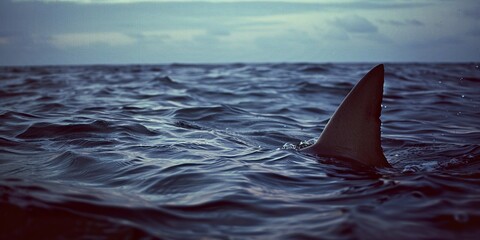 Fototapeta premium A shark fin emerges above the ocean waters, capturing the essence of marine life in a low-contrast photo. A fin cutting the surface of the water.