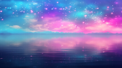 Ethereal stars shimmering over serene lake background with vibrant dusk hues