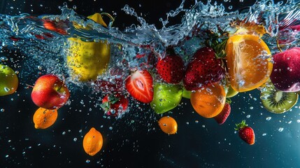 Dive into the vibrant world of freshness as an array of colorful fruits splash into the water,...