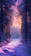 A Painting of a Snowy Path in the Woods With Bare Trees and Soft Snow Cover