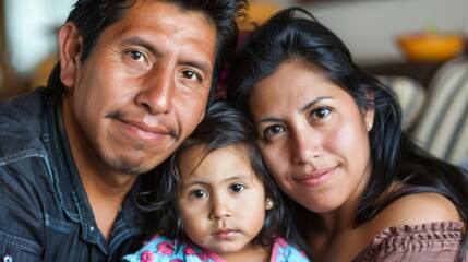 Fototapeta premium A man and woman are smiling as they pose together with a little girl for a family portrait. The trio appears happy and connected, creating a warm and loving atmosphere.