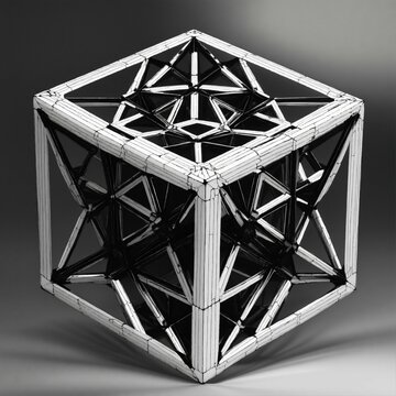 Taoist tesseract body fractal three point perspective tesseract hypercube symbol , black and white