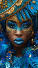 Woman With Blue Makeup and Feathers on Her Head